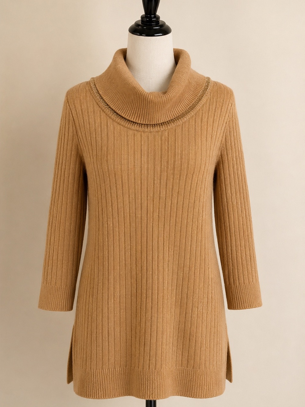 Camel Metallic Ribbed Cowl Neck Tunic Sweater Quiet Luxury M